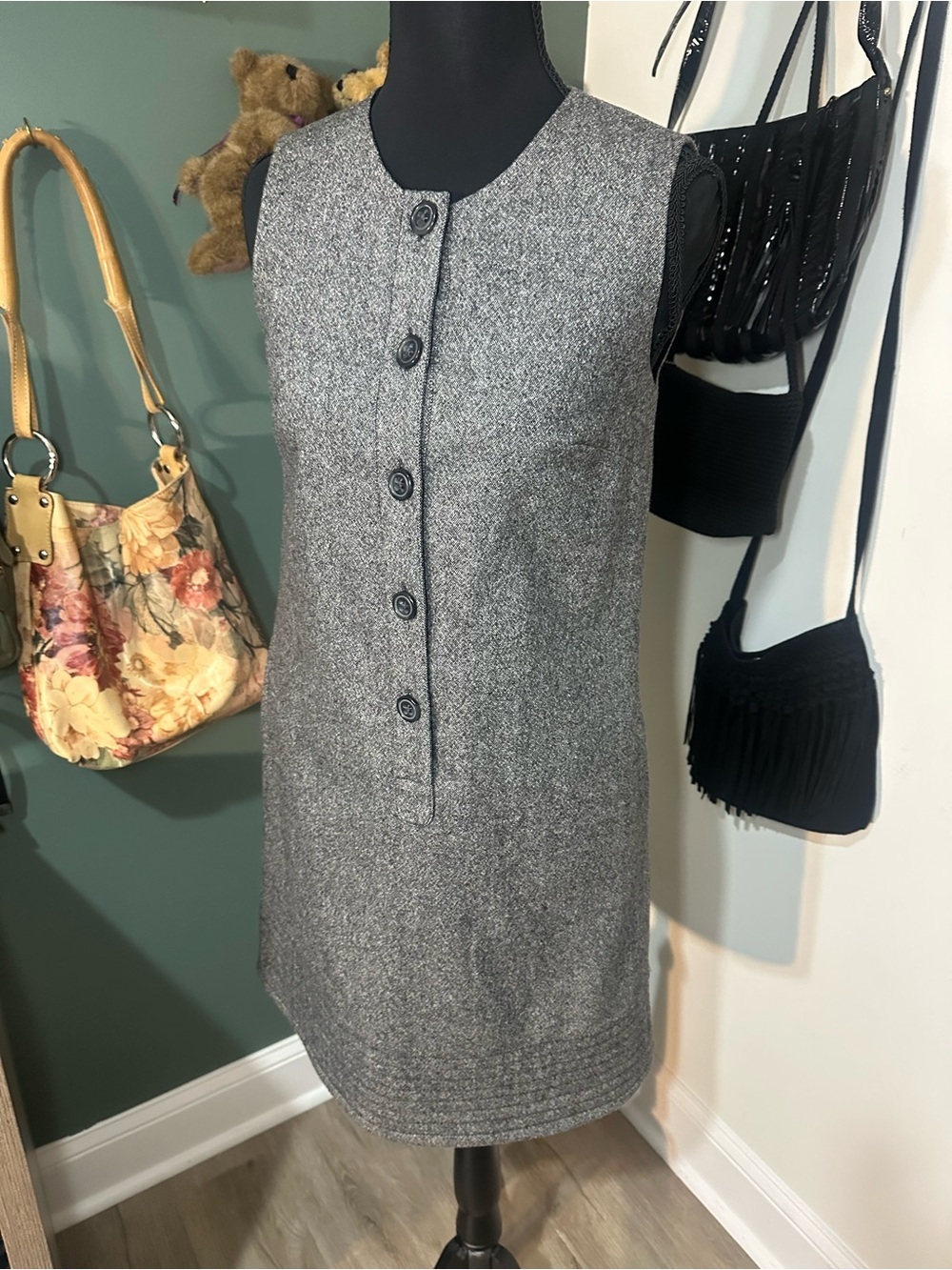 Gap Wool Blend Sleeveless Shift Dress Size 0 Gray Button Front Pockets Career